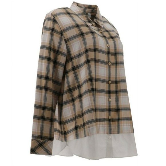 Isaac Mizrahi Live! Plus 22 Plaid Button Front Layered Shirt Neutral Tan 22W - Picture 7 of 9